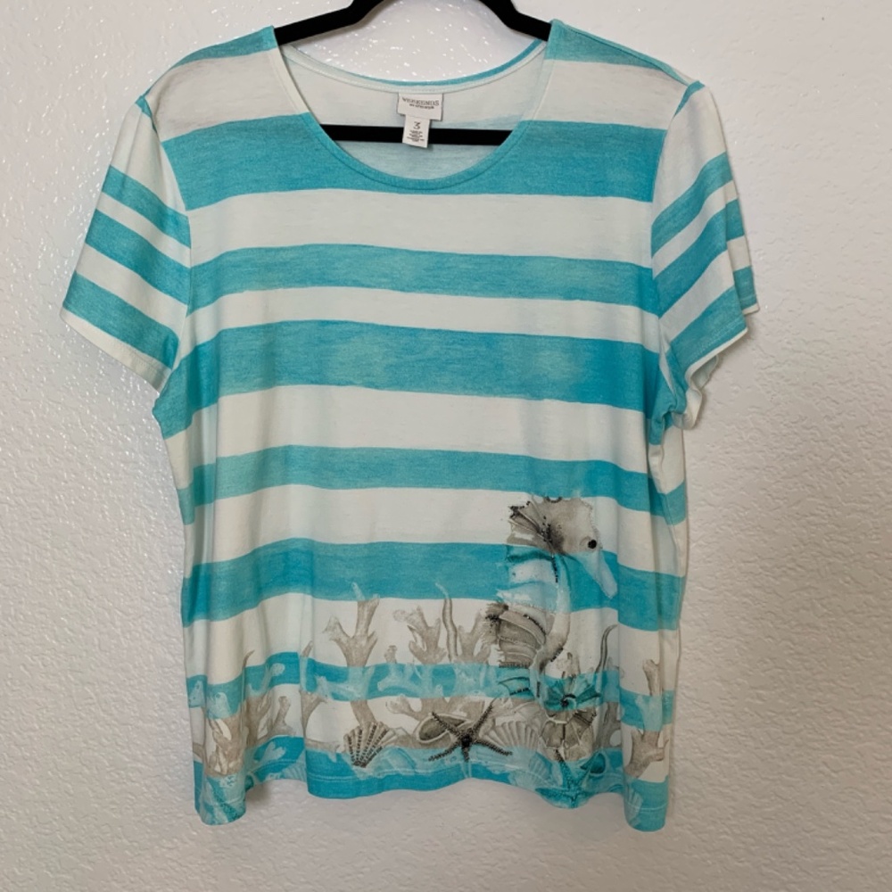 Weekends by Chico's Tee Shirt Size 3/XL Blue Stripe Seahorse Starfish Beaded Top